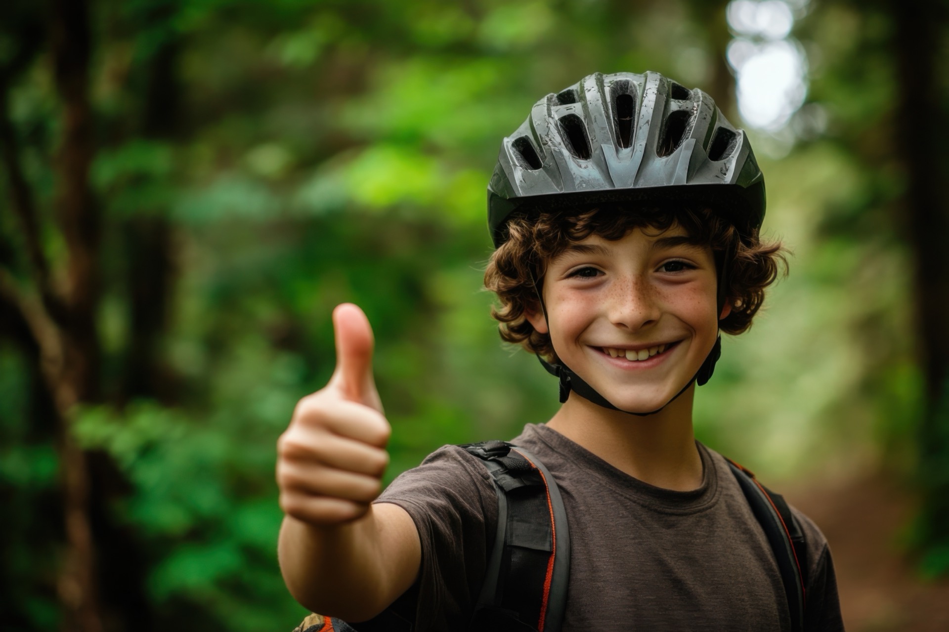 Joven rider con casco levantando el pulgar en el bosque